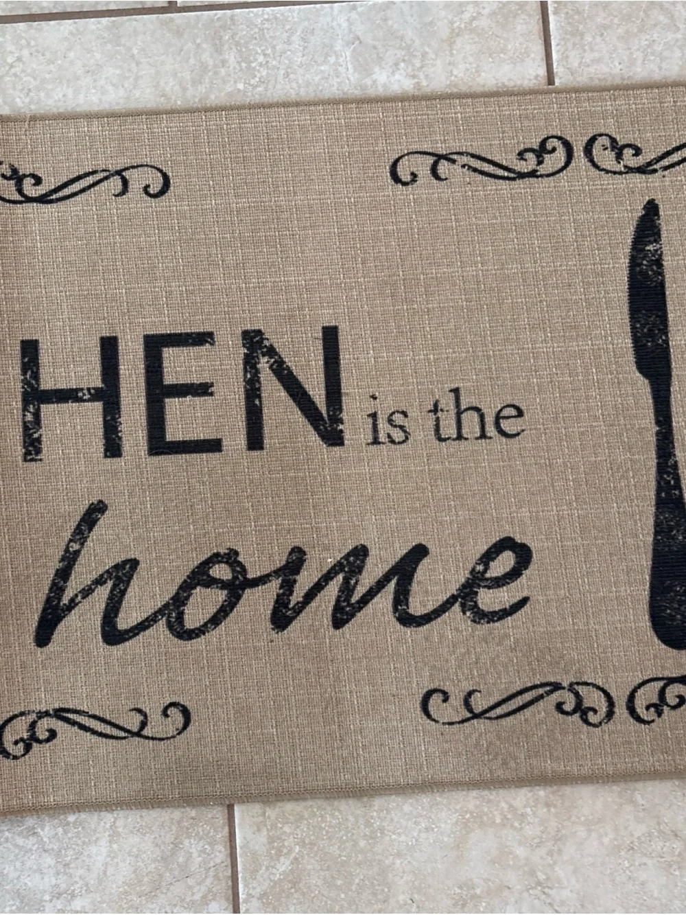 Kitchen Runner Mat - Natural Burlap with Black Text